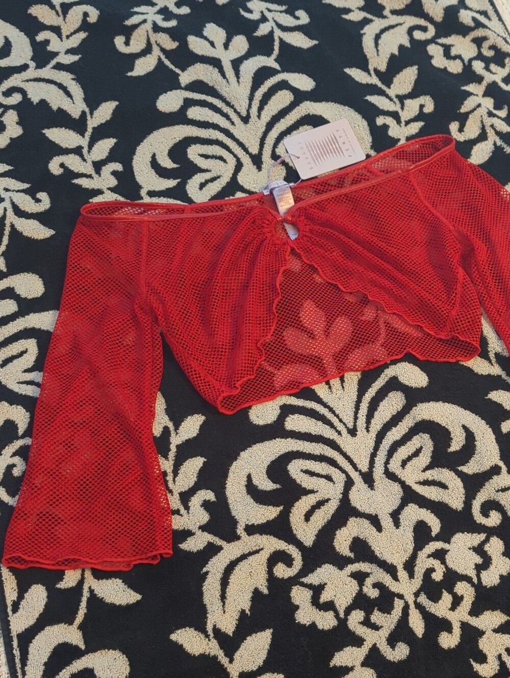 Savage X Fenty Pantent Leather Red Mesh Off The Shoulder 70s Keyhole Crop Top S